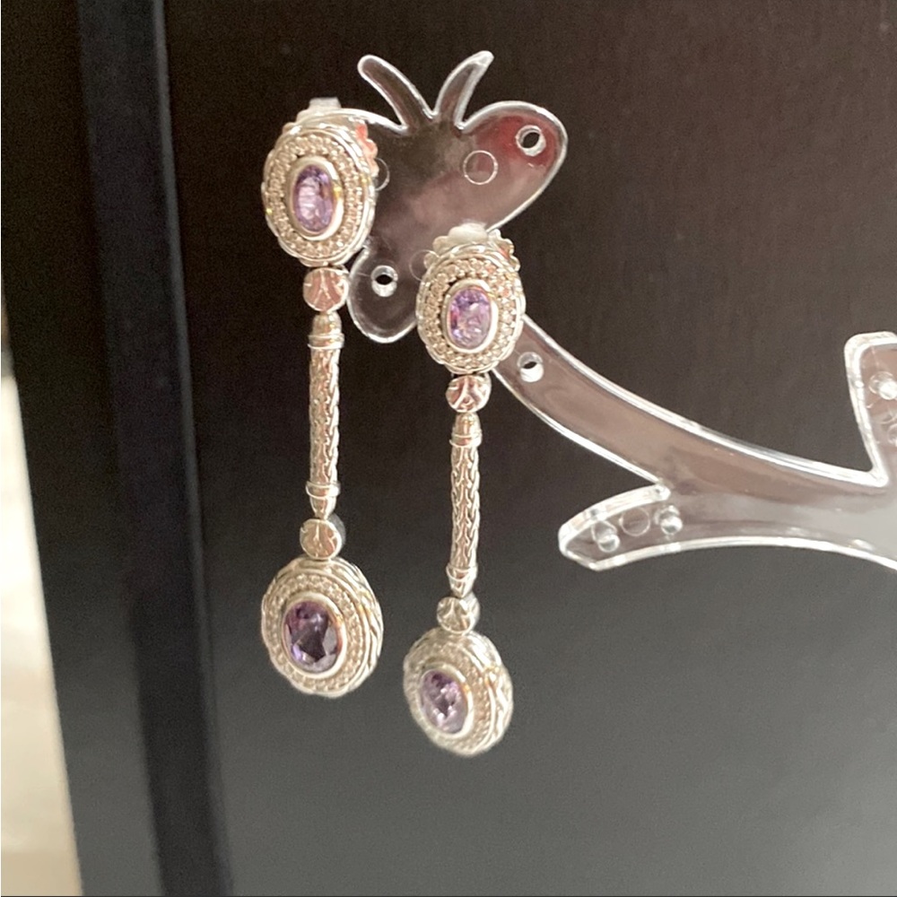 John hardy sterling silver diamond and amethyst drop earrings